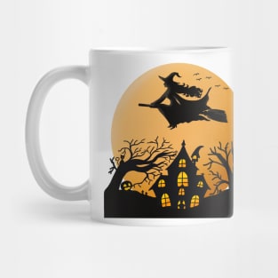 Flying Witch Moon Orange Haunted House Halloween Present & Gift Mug